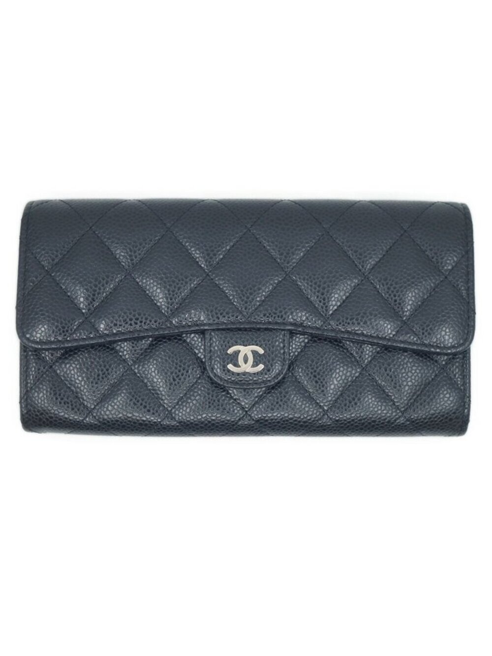 Chanel CC Logo Quilted Long Flap Wallet Black Silver Caviar Leather